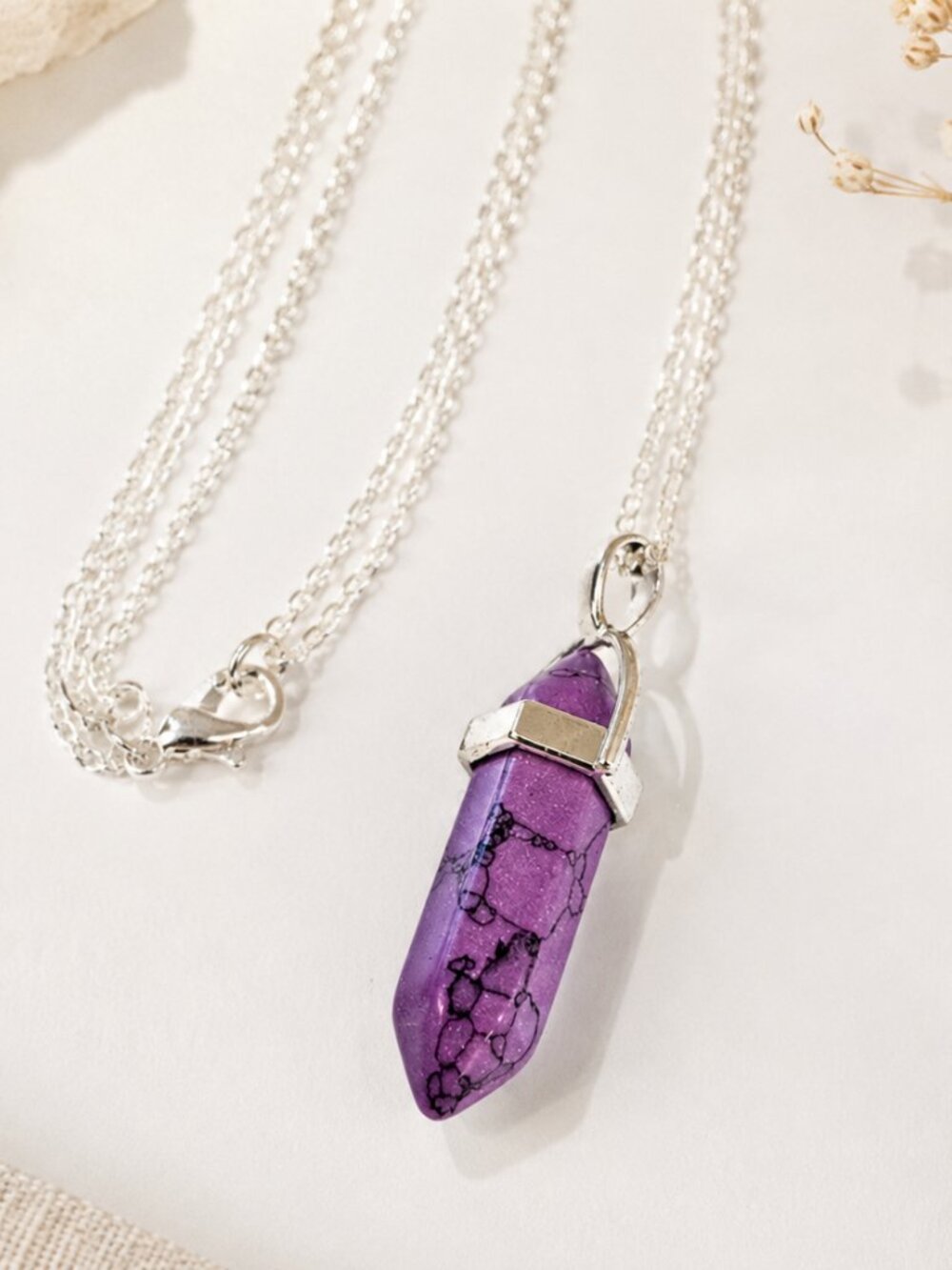 Purple Howlite Quartz Bullet Point Pendant Necklace, Unisex, Silver